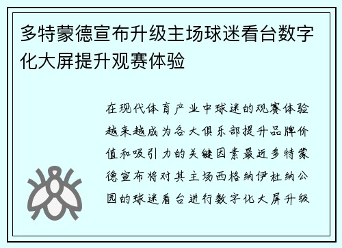 多特蒙德宣布升级主场球迷看台数字化大屏提升观赛体验