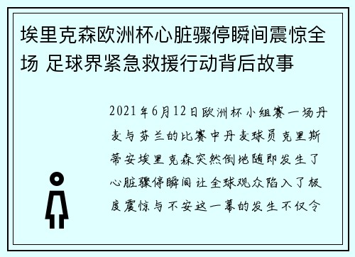 埃里克森欧洲杯心脏骤停瞬间震惊全场 足球界紧急救援行动背后故事